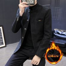 冬季男士立领西服韩版修身加绒加厚青年中山装毛呢小西装外套男潮