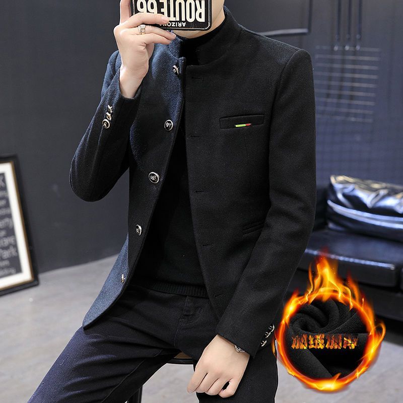 冬季男士立领西服韩版修身加绒加厚青年中山装毛呢小西装外套男潮