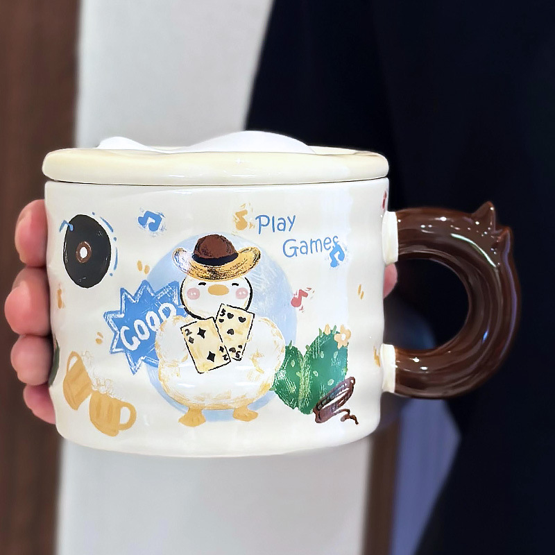 かわいいアヒルのセラミックカップ 蓋付き かわいいセラミックカップ カップルギフト 女の子向け 高価値デザインマグ|undefined
