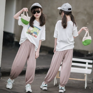 女童短袖套装夏季韩版儿童中大童洋气卡通T恤休闲宽松长裤两件套
