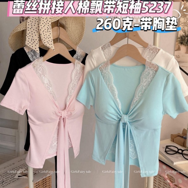 5237 # New Style French Lace Patchwork Sexy V-Neck Short-Sleeved T-Shirt for Women Slim Fit Top with Breast Pads