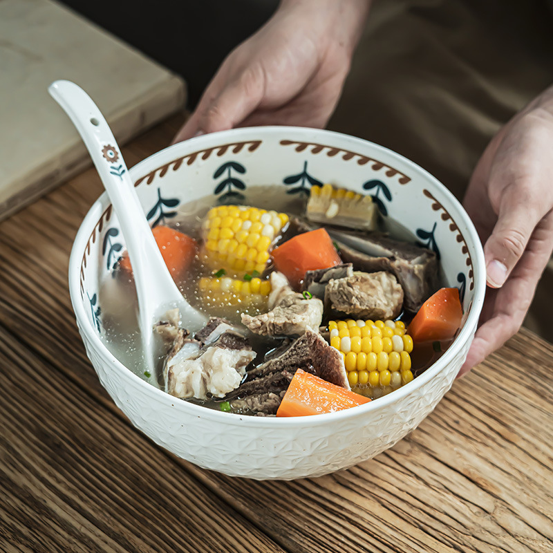 Japonés retro en relieve tazón de cerámica pequeña sopa de cártamo tazón de gran capacidad cubiertos domésticos tazón de gran tamaño tazón de frutas tazón