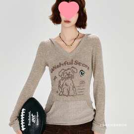 小狗连帽早秋新款设计别致美式洋气时尚修身打底衫长袖上衣女