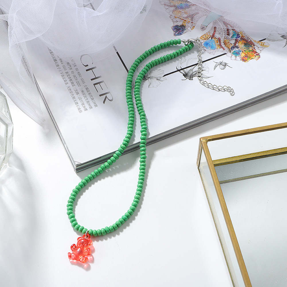Dongdaemun New Bear Necklace Candy Color Resin Pendant Clavicle Chain College Style Bead Cartoon Neck Chainpicture4