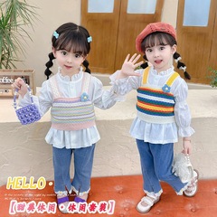 Yikids甜美女童秋裝2023新款韓系女寶寶彩虹條吊帶毛衣三件套