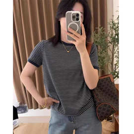 【含棉原版面料】复古条纹短袖纯棉T恤女夏季休闲正肩打底衫上衣
