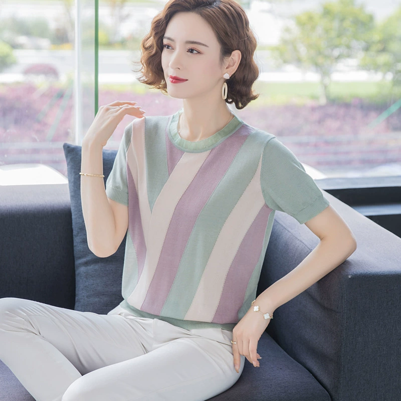 Мама летняя иностранная ледяная шелковая топа средних лет женская летняя одежда 2025 новая мода среднего и пожилого возраста тонкая футболка с короткими рукавами