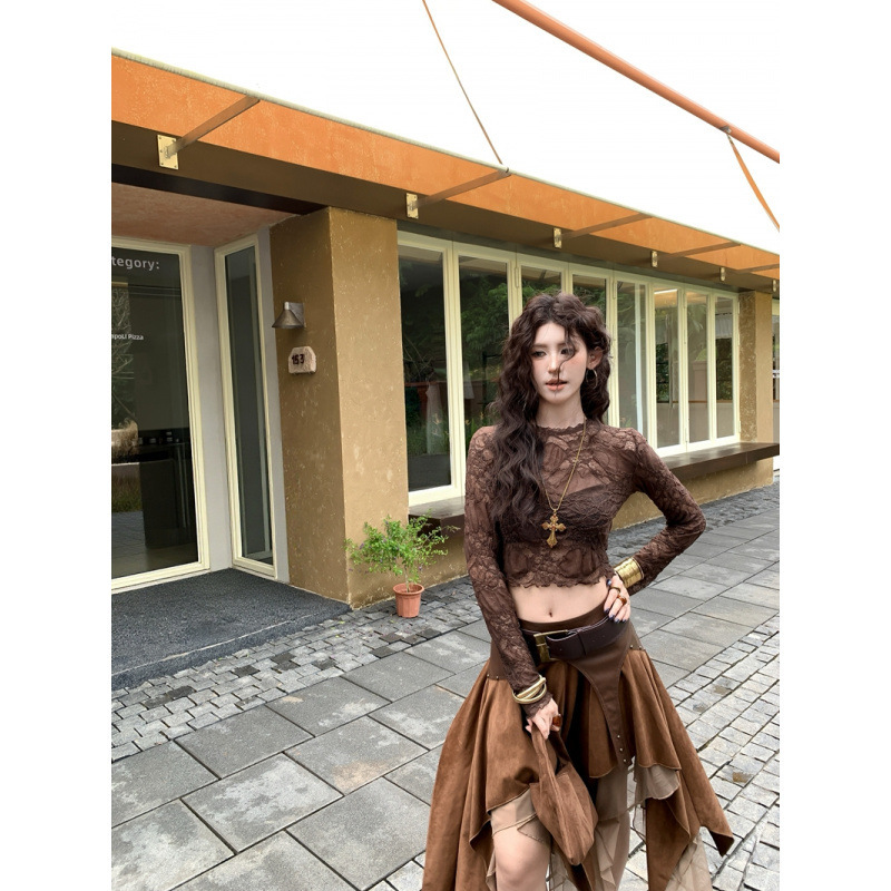 Real photos, real price, no haggling. Sexy see-through hollow lace shirt, round neck, short, cropped, long-sleeved T-shirt, thin top