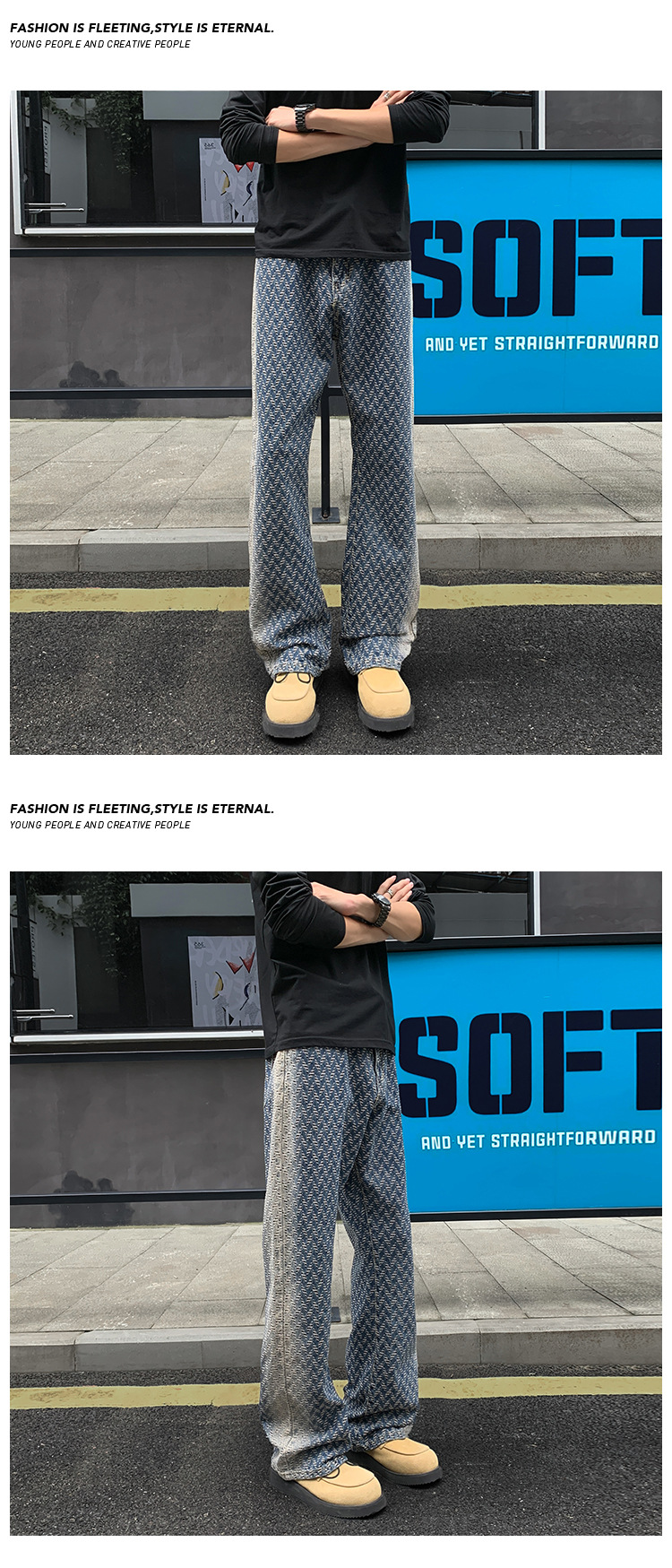 Herren Jacquard Jeans Mit Allover-print Gerade Weite Hose_voghion.com