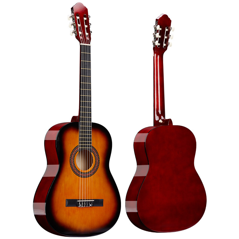 Fábrica de guitarra clásica al por mayor de 39 pulgadas guitarra brillante pulida de madera de tija de entrada guitarra principiante jitta piano de práctica