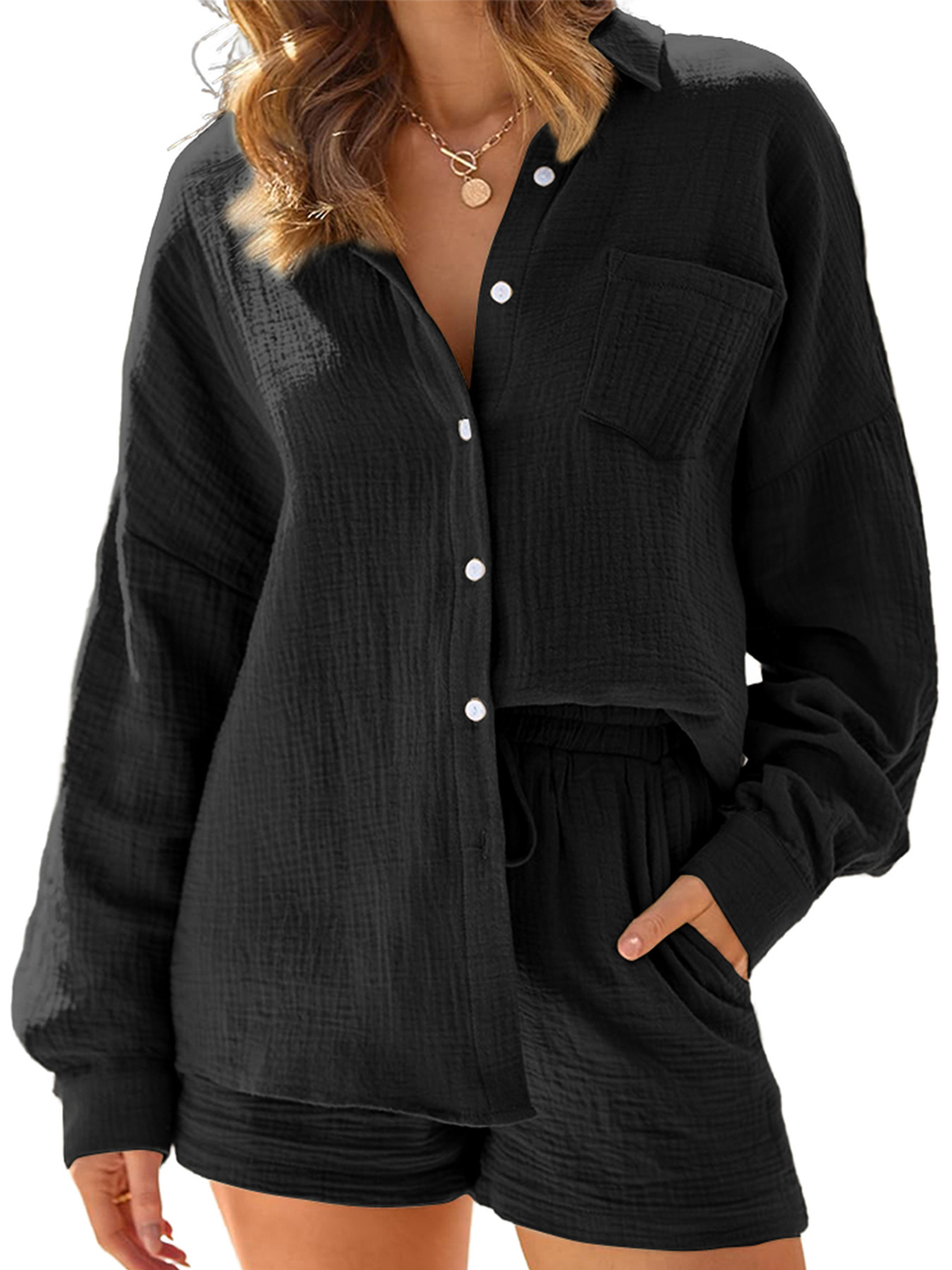 Women's Wrinkle Textured Button-Down Shirt With Relaxed Shorts Set - Casual & Office Wear Soft Stretch Comfort_ecoleips.com