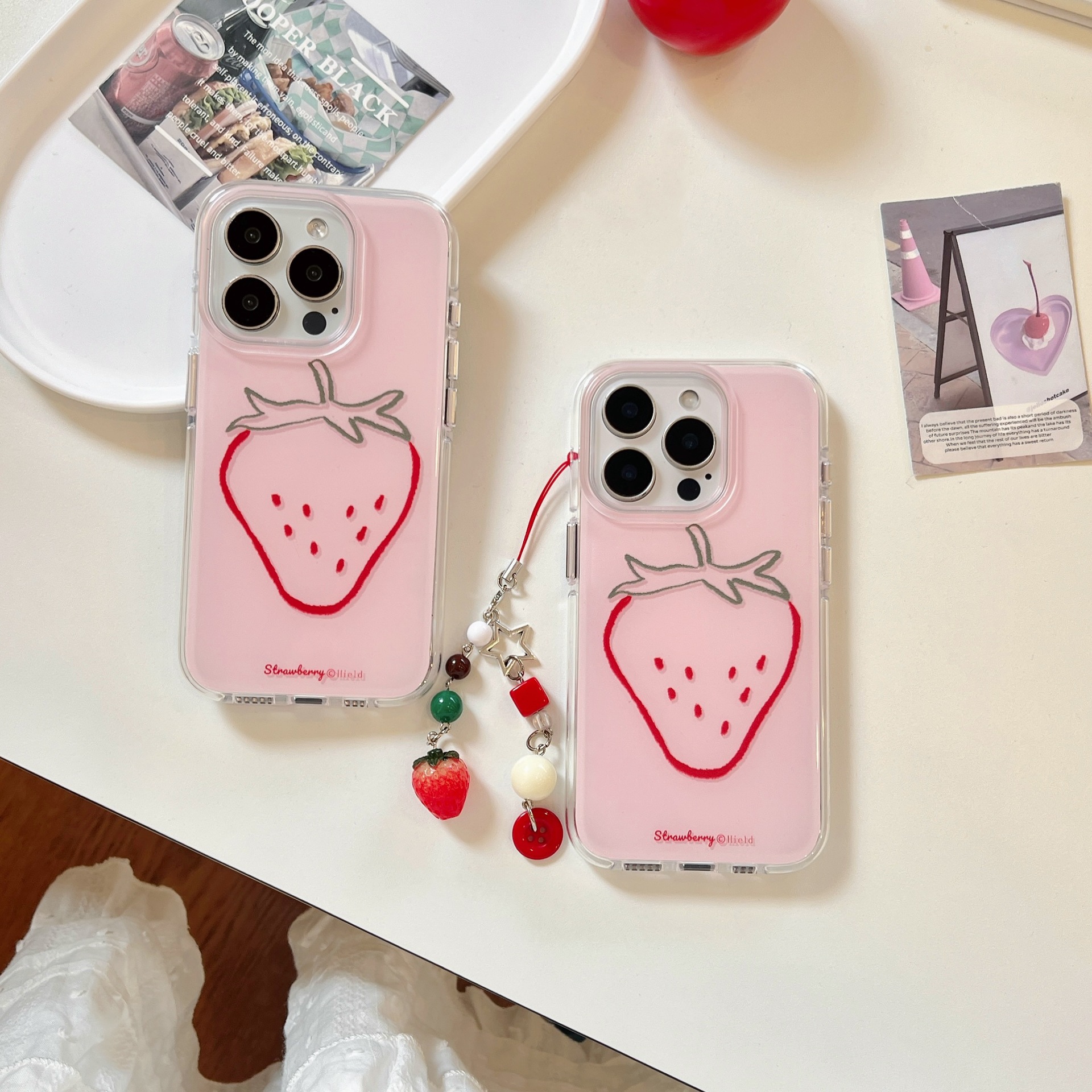 Línea rosa simple fresa fruta apta para Apple 15PorMax nicho 16Pro funda para teléfono móvil 14/13 hembra 16