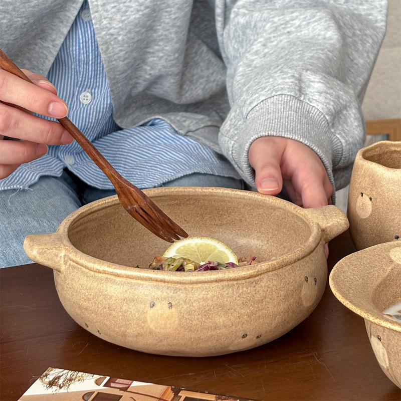 Mooney Retro Stoneware Tableware Hand-Painted Bear Sweet Water Bowl Light Salad Bowl Household Tableware Cute Creative Retro