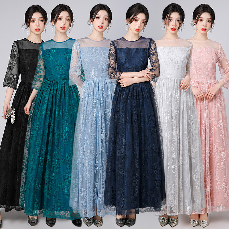 Southeast Asia Cross-Border Evening Dress 2026 New Long Style Waist-Cinching Long-Sleeved Bridesmaid Dress Elegant Lace Slim Evening Dress