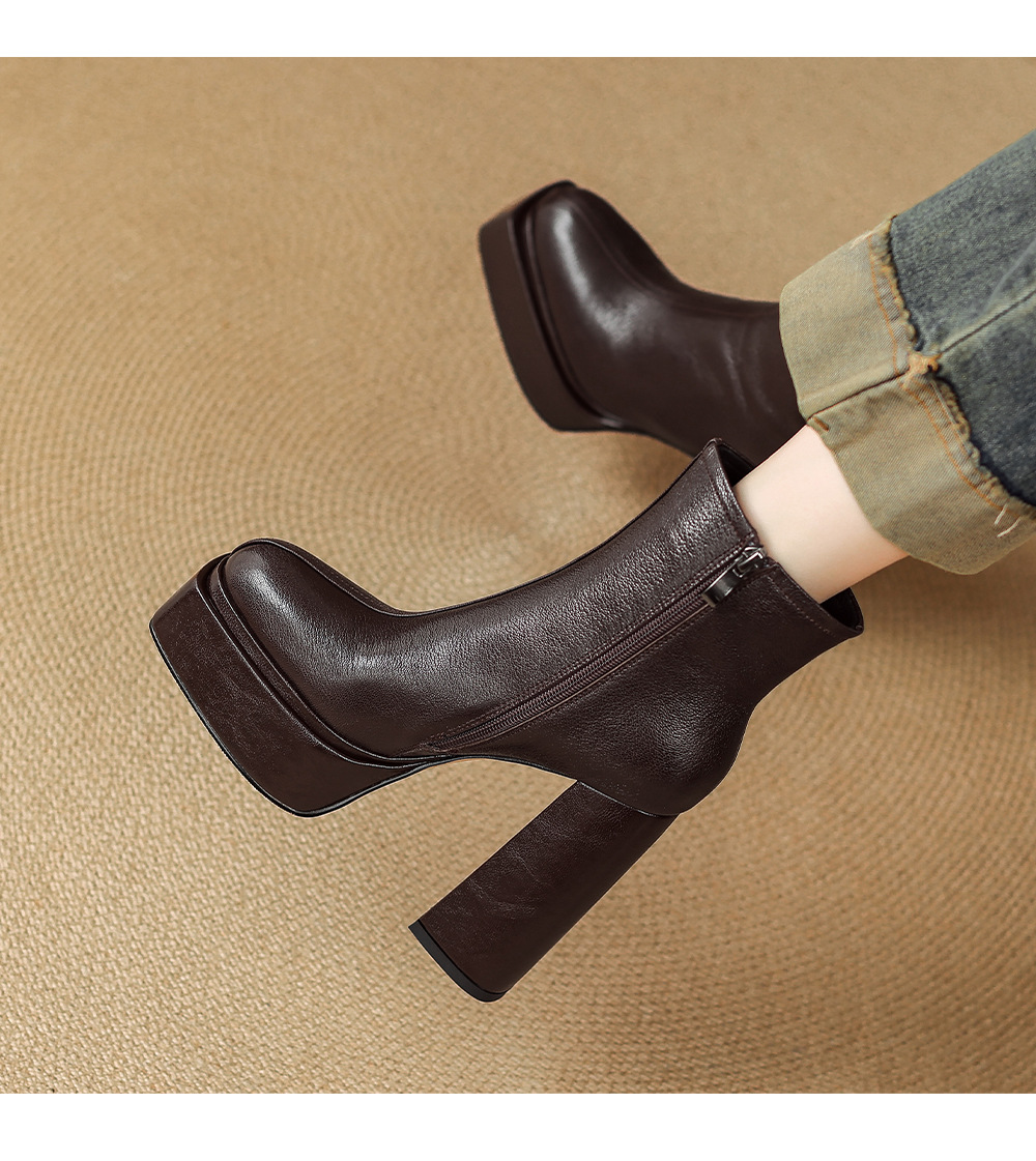 Boot nữ cổ cao ôm chân da dê mềm gót vuông đế xuồng 12.5 cm — Lớp lót nhung đen chi tiết 11