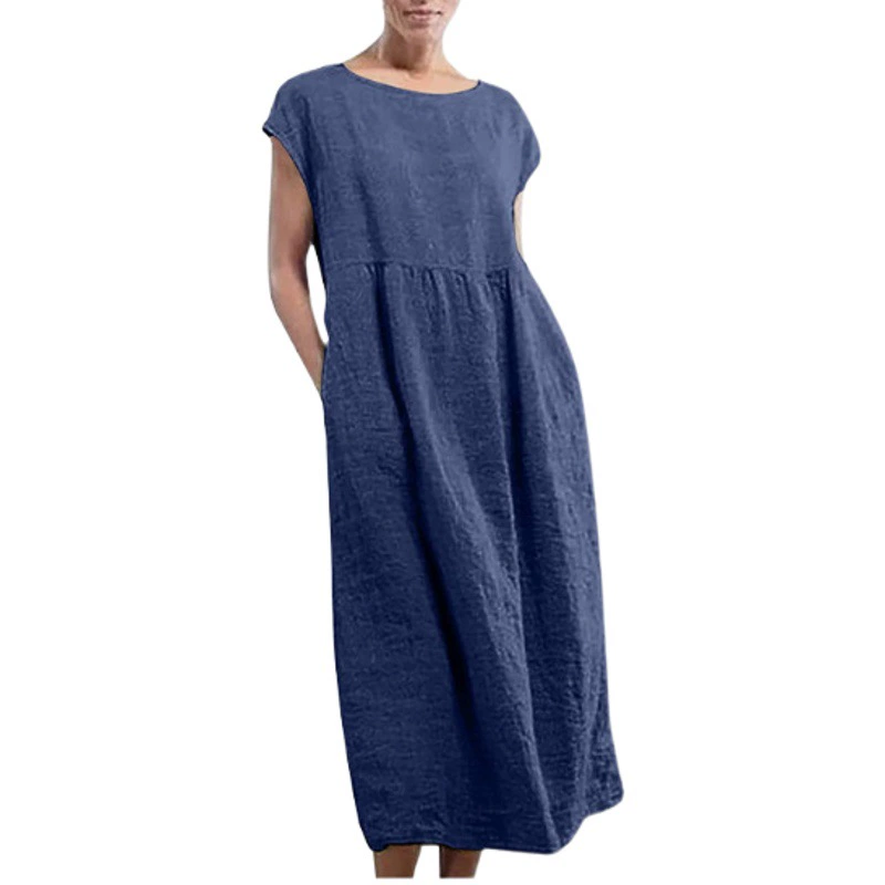 Amazon AliExpress 2021Ebay Европейское и американское однотонное свободное хлопковое и льняное платье без рукавов с карманами в наличии