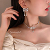 Fashionable necklace and earrings with bow, bracelet, set, European style, diamond encrusted