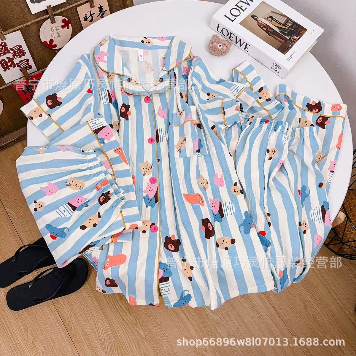 Hermosos pijamas de tela de rabu mujeres primavera y otoño verano nubes de algodón dulce mangas cortas pantalones cortos de tres piezas ropa para el hogar