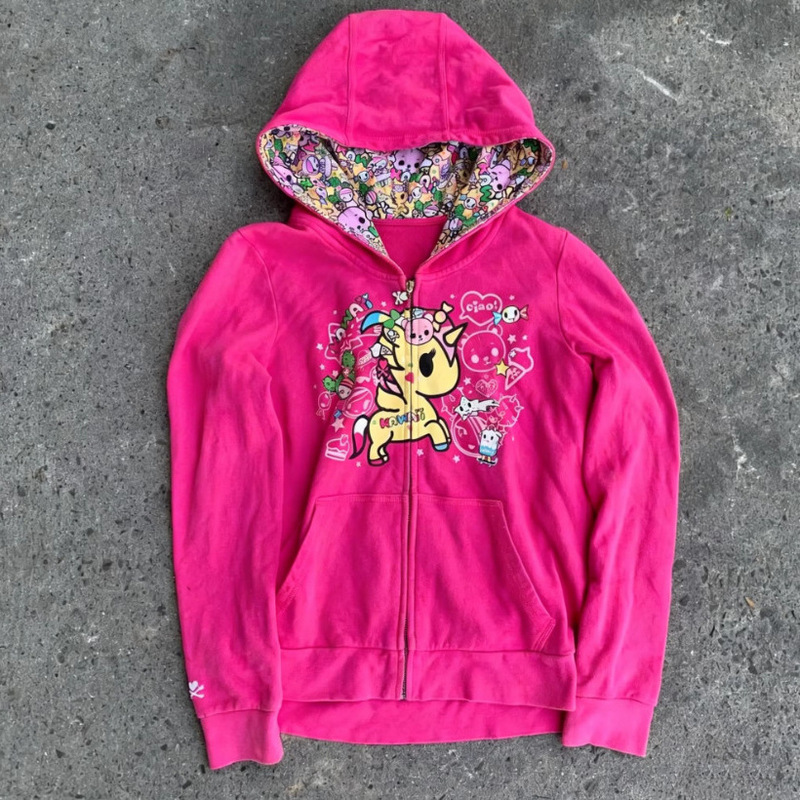 Y2K Cross-Border Sweet and Cool Millennium Style Unicorn Print Sweatshirt Rose Red Cartoon Print Hooded Zipper Jacket Y2K Cross-Border Sweet and Cool Millennium Style Unicorn Print Sweatshirt Rose Red Cartoon Print Hooded Zipper Jacket
