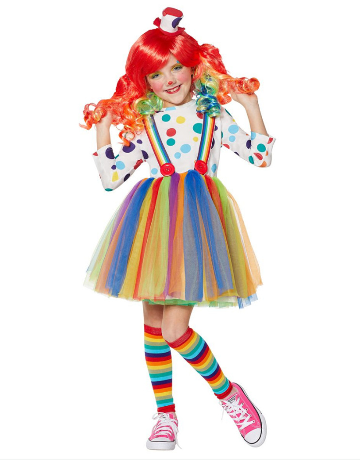 万圣节六一节波点小丑演出服 搞笑儿童小丑服 俏皮彩虹小丑马戏团