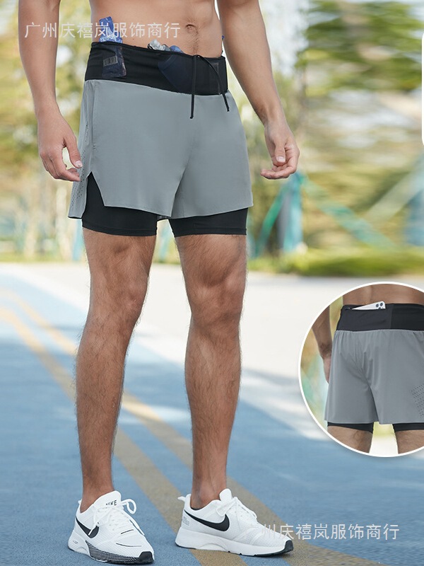 Cross-Country Running Sports Shorts for Men, Summer Outdoor Marathon Fitness Basketball Double-Layer Fake Two-Piece Running Quick-Drying Shorts