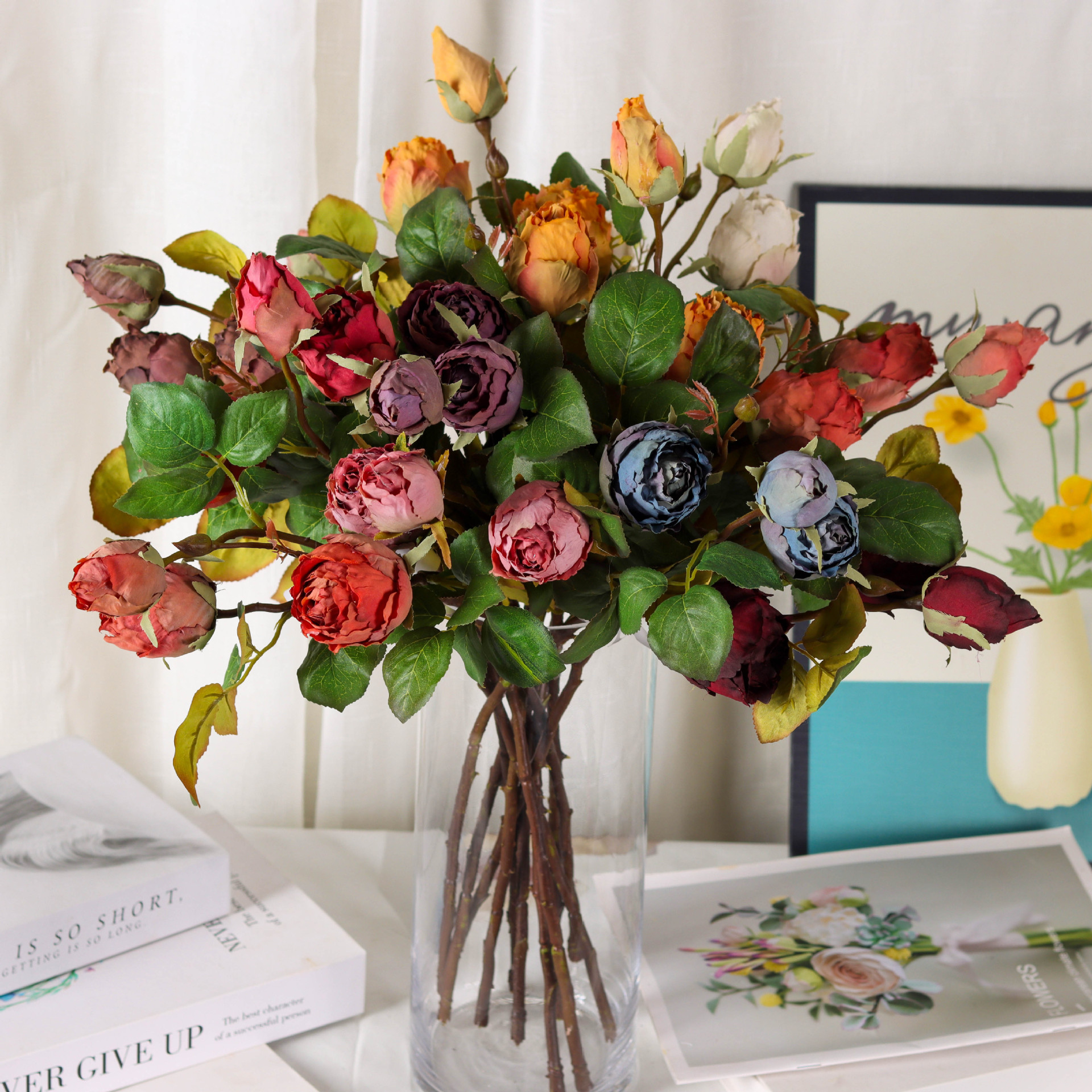 仿真玫瑰花仿真花多头玫瑰假花欧式家居客厅摆件婚庆假花装饰批发