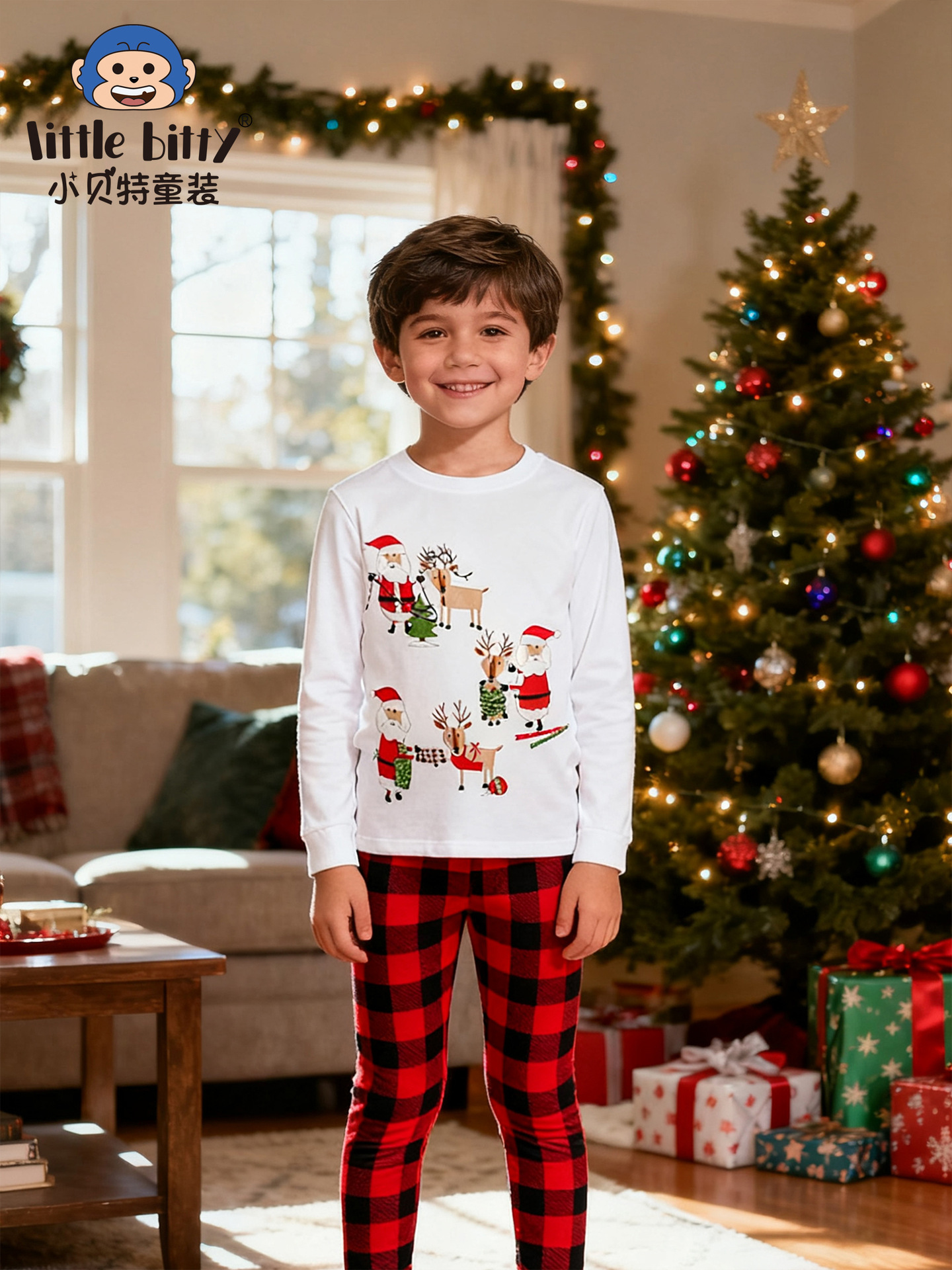 European and American Christmas Autumn and Winter Children's Long-Sleeved Suits Cartoon Christmas Print Tight-Fitting Home Clothes Pajamas Wholesale