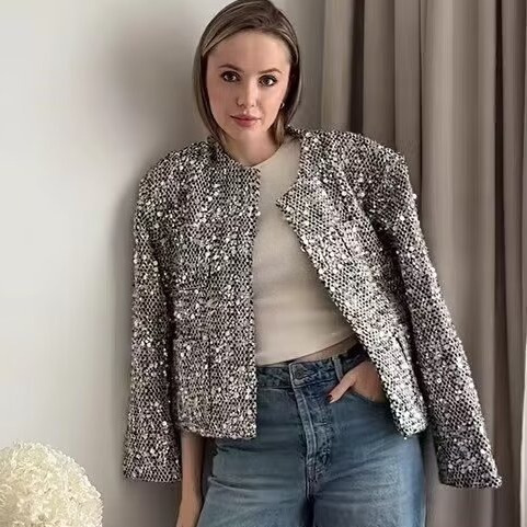 Cross-Border European and American Women's Fashion on Aliexpress: Spring Fashion Round-Neck Solid Color Sequined Tweed Blazer Cross-Border European and American Women's Fashion on Aliexpress: Spring Fashion Round-Neck Solid Color Sequined Tweed Blazer