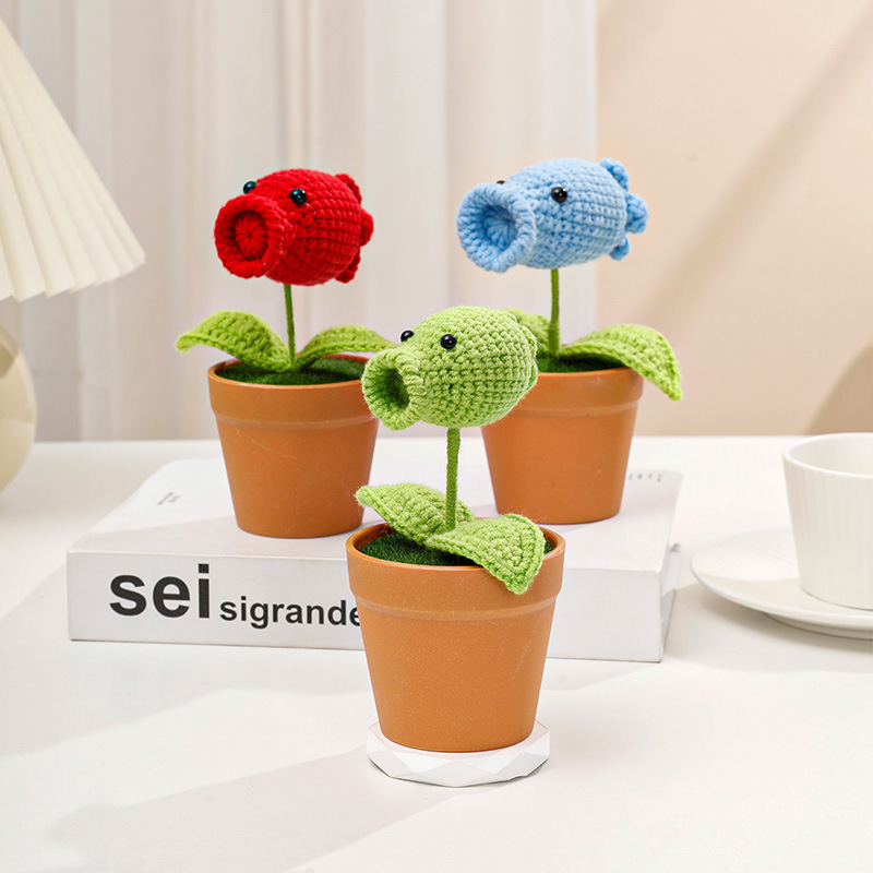 Hand-woven pea potted plant finished knitted artificial flower ornaments green plants creative desktop home gifts
