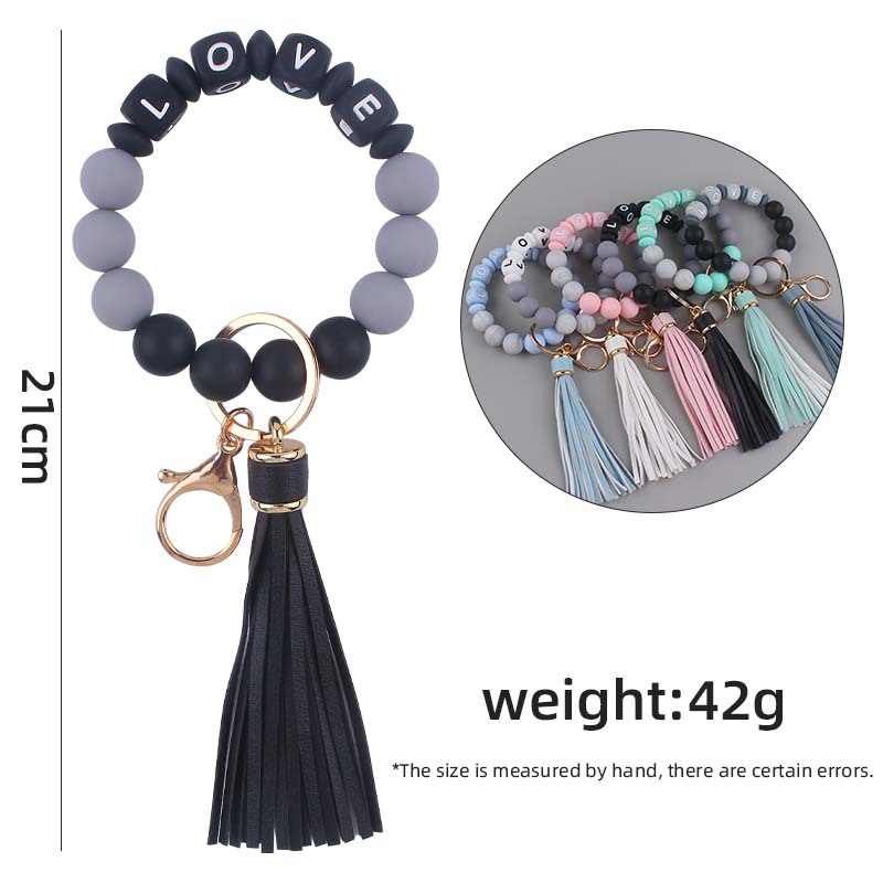 Nuevo cuero pu borla colgante llavero creativo DIY nombre cuentas de silicona con cuentas contraste color colgante llavero