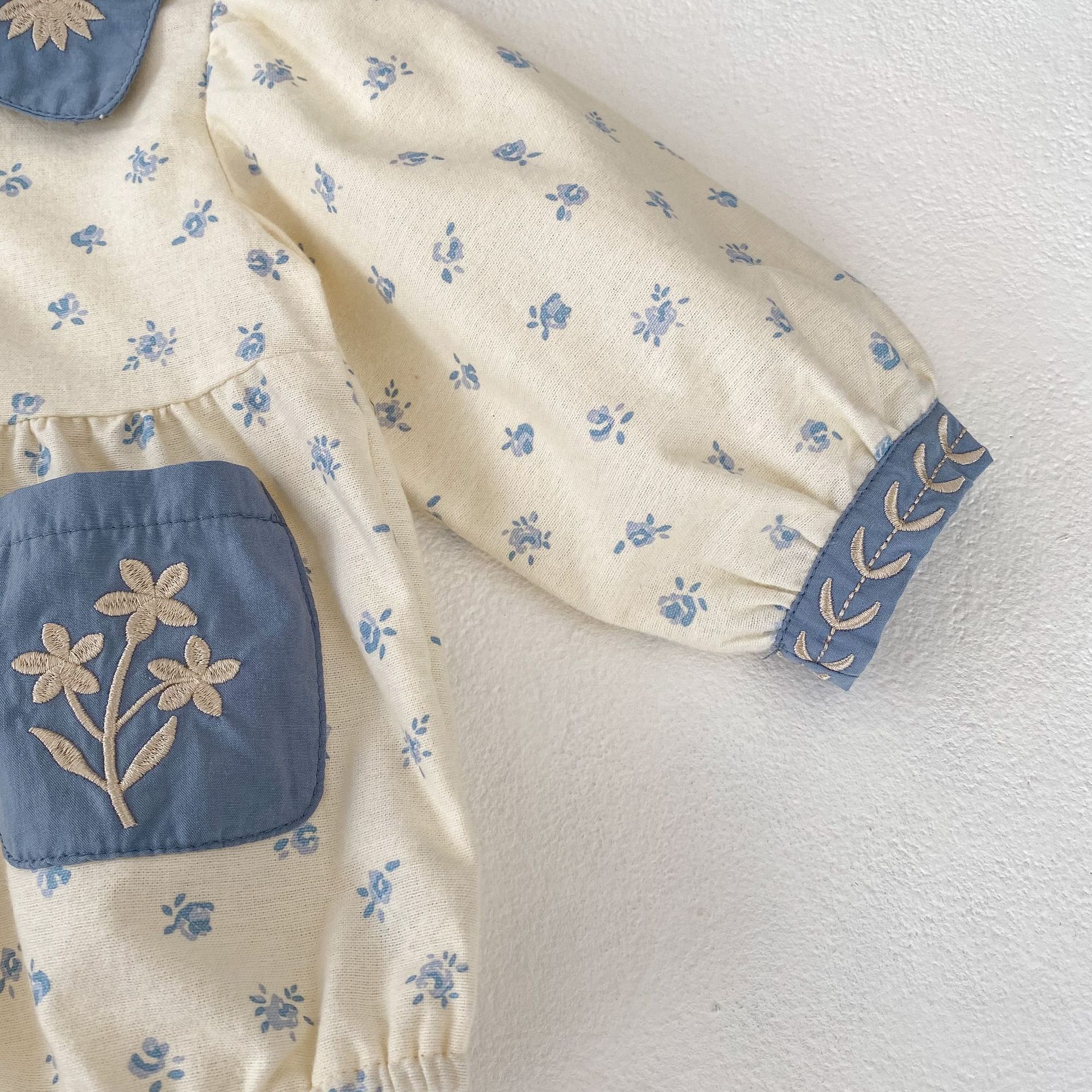 INS 2024 Autumn Infant and Girl Baby Floral Contrast Collar Embroidered Long Sleeves Yi Ha Skirt Bag Butt jumpsuit_voghion.com
