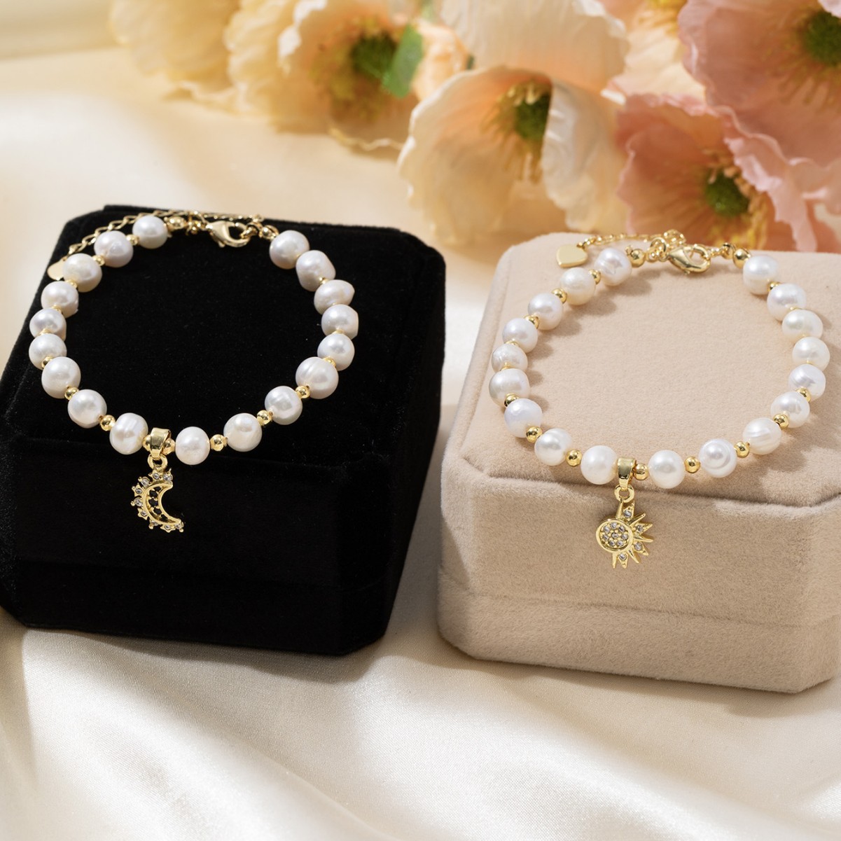 Pulseras de perlas de agua dulce naturales pulseras de bronce de alta calidad pulseras de oro sol luna colgante joyas de pareja