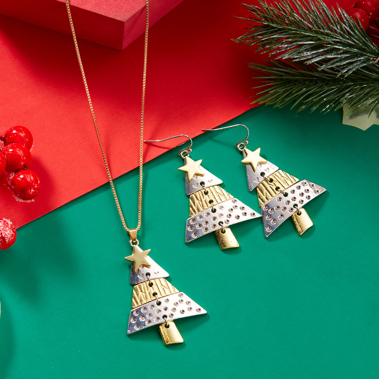 Christmas star Christmas tree pendant necklace female niche design Christmas tree earrings_voghion.com