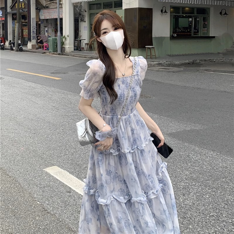 plus size Women's Gentle French Style Flower Print Super Fairy Tea Break dress Summer Square Collar Ink Print Long Skirt plus size Women's Gentle French Style Flower Print Super Fairy Tea Break dress Summer Square Collar Ink Print Long Skirt
