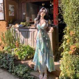 原版双层雪纺不透胸垫  林间浮夏吊带气质连衣裙印花显瘦仙女长裙