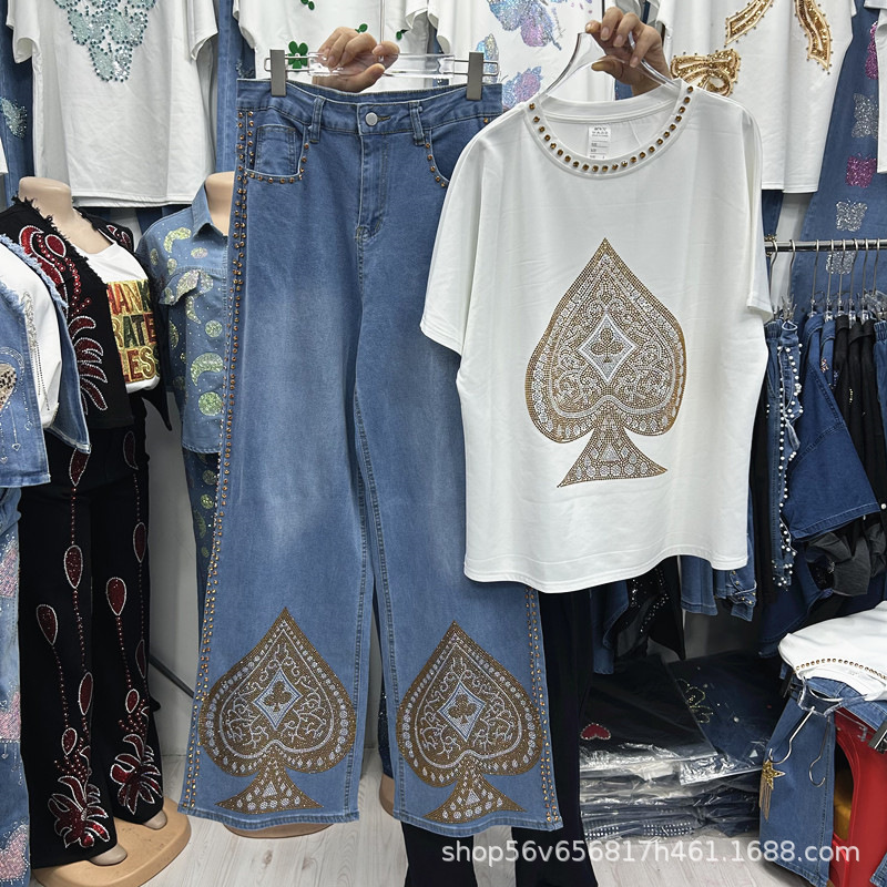 欧美重工设计感黑桃A宽松短袖T恤上衣+时尚高腰阔腿牛仔长裤套装