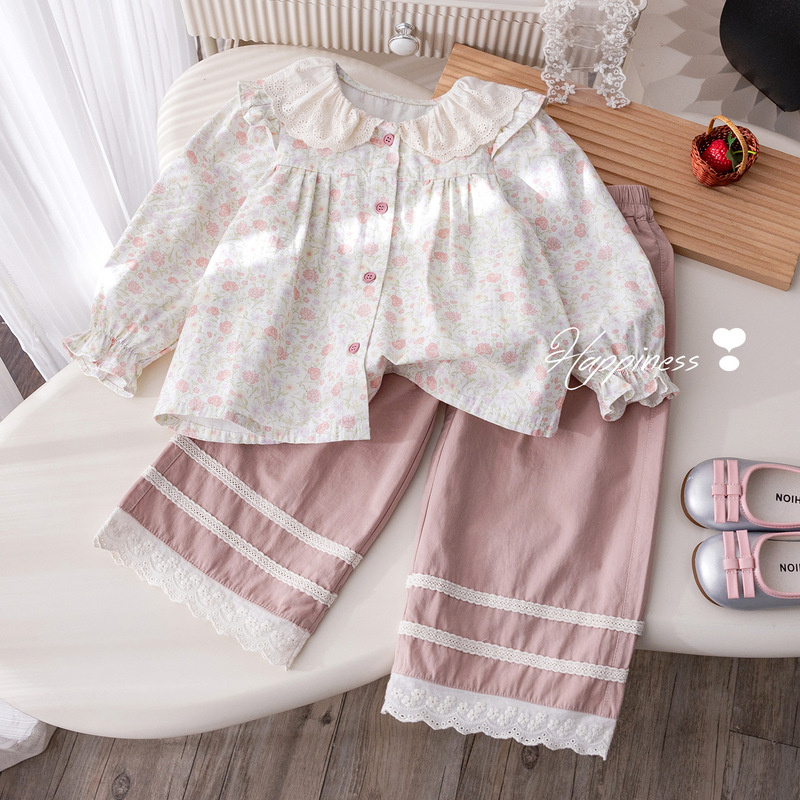 Girls' Outfit Spring Fresh Floral Shirt Korean Style Stylish Lace-Trimmed Straight Pants Two-Piece Set for Young Children