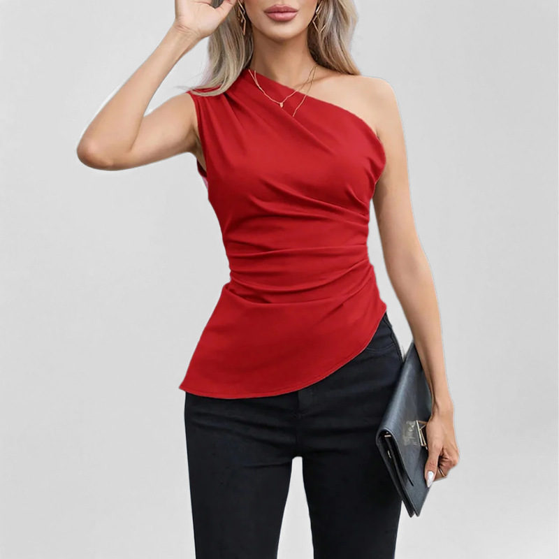 Transfronterizo 2025 primavera nuevo temperamento elegante chaleco inclinado sexy plisado delgado delgado e irregular top mujer image 10