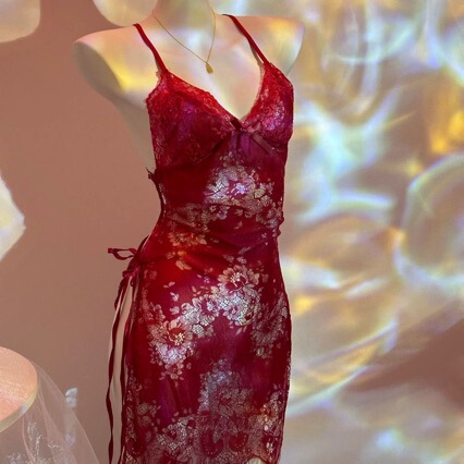 Ailenei Plus Size Sexy Intimates, Feminine Deep V Lace Cheongsam Lace-Up See-Through Slit Skirt Suspender Nightgown