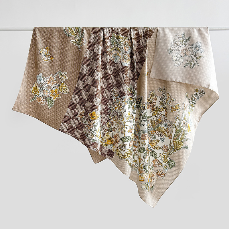 Nuevos productos transfronterizos de estilo europeo y americano, bufanda de seda estampada a cuadros de flores, estilo artístico de primavera y otoño, bufanda cuadrada de sarga de temperamento de atmósfera