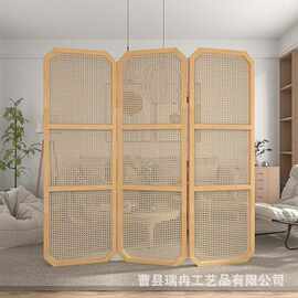 日系藤编屏风办公工作室装饰直播背景墙落地隔断卧室玄关折叠屏风