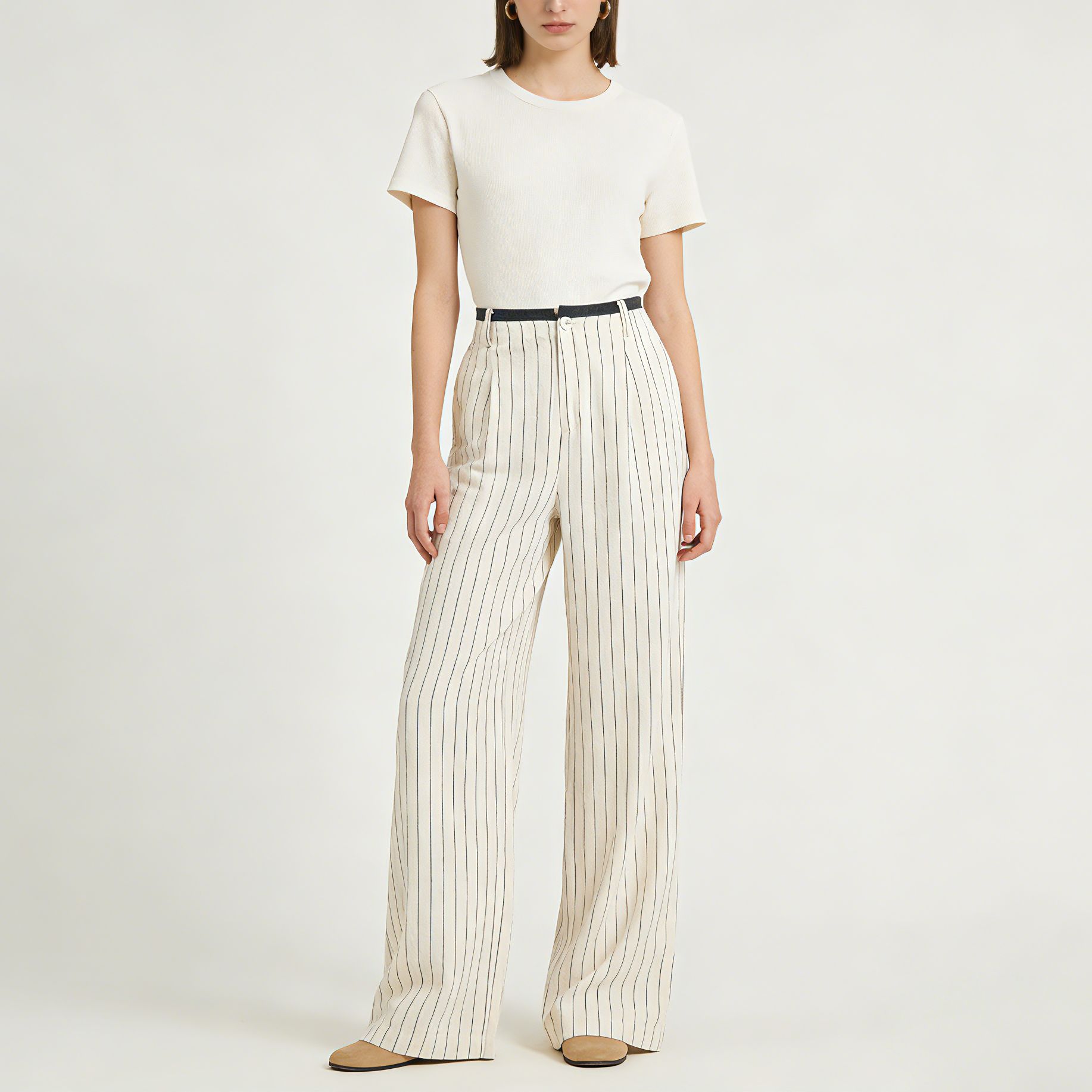 Quần culottes nữ ống rộng vải lanh sọc dọc, cạp cao phối màu, dáng suông thoáng mát — Vải gai sọc chi tiết 4