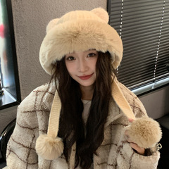 韩版冬天帽子女款可爱熊耳朵针织帽加绒加厚显脸小百搭休闲毛线帽