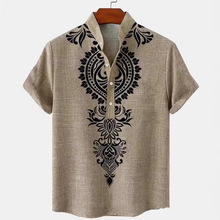 跨境亚马逊爆款男士衬衫数码3D印花亚麻短袖夏季复古时尚短袖衬衫