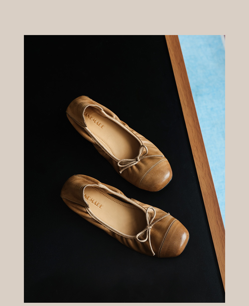 Giày ballet nữ mũi tròn da bò mềm, kiểu trứng cuộn, cổ nông — đen chi tiết 19