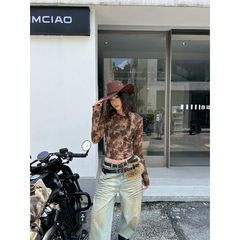 2025秋季美式复古豹纹印花植绒上衣圆领修身时尚百搭长袖T恤18265