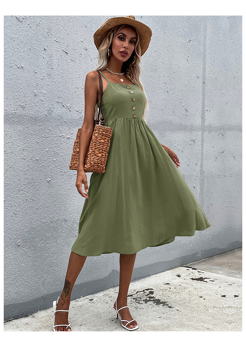 Solid Color Button Decorated Suspender Dress NSYYF104575