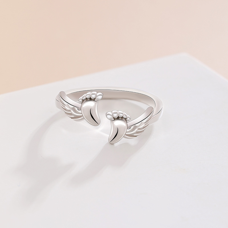 TEMU transfronterizo 925 plata esterlina huellas de alas anillo de huellas de alas nicho de diseño de anillo de dedo abierto para mamá