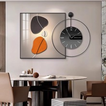 现代轻奢餐厅装饰画带时钟高级感饭厅餐桌背景墙壁画静音钟表挂画