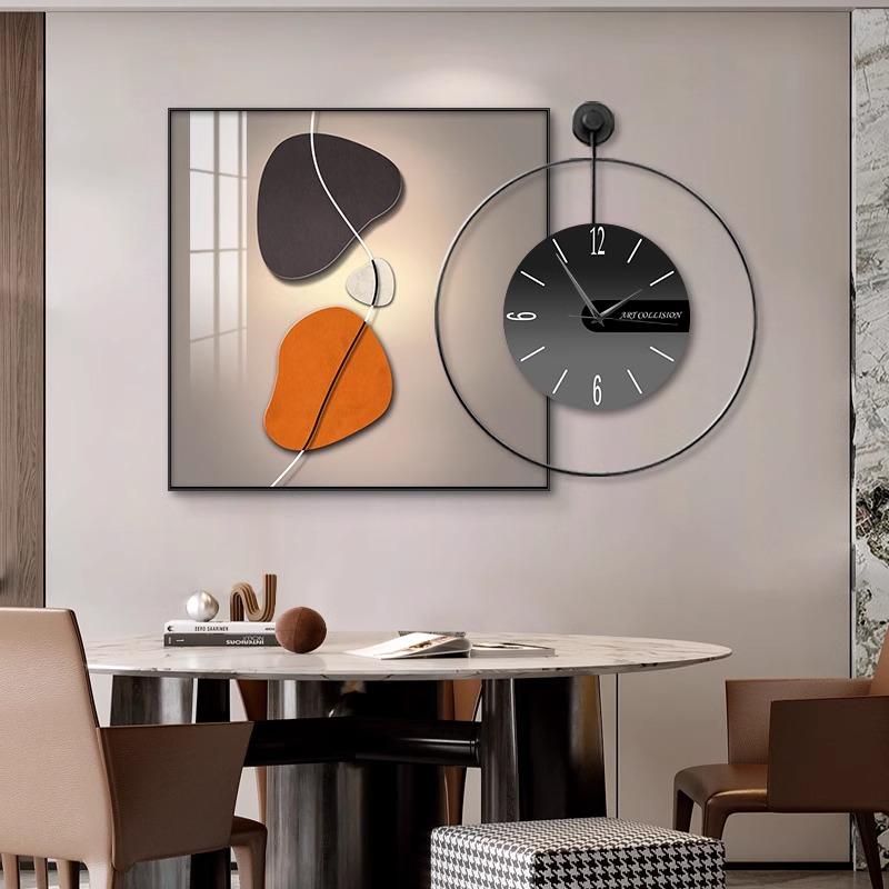 现代轻奢餐厅装饰画带时钟高级感饭厅餐桌背景墙壁画静音钟表挂画